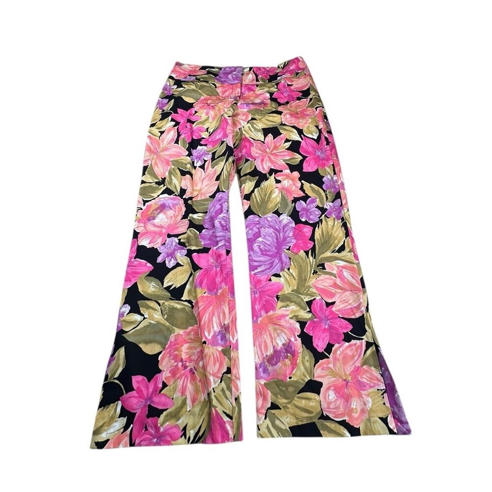 Cache Floral Capri Pants Black Pink Purple Gold Stretch Y2K Tropical Sz 12 USA